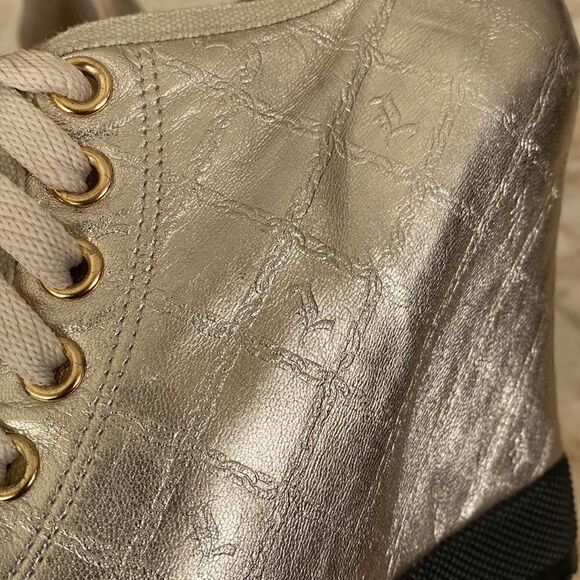 L.A.M.B Denver Gwen Stefani Gold Monogram Leather  Platform Sneakers - Picture 11 of 16